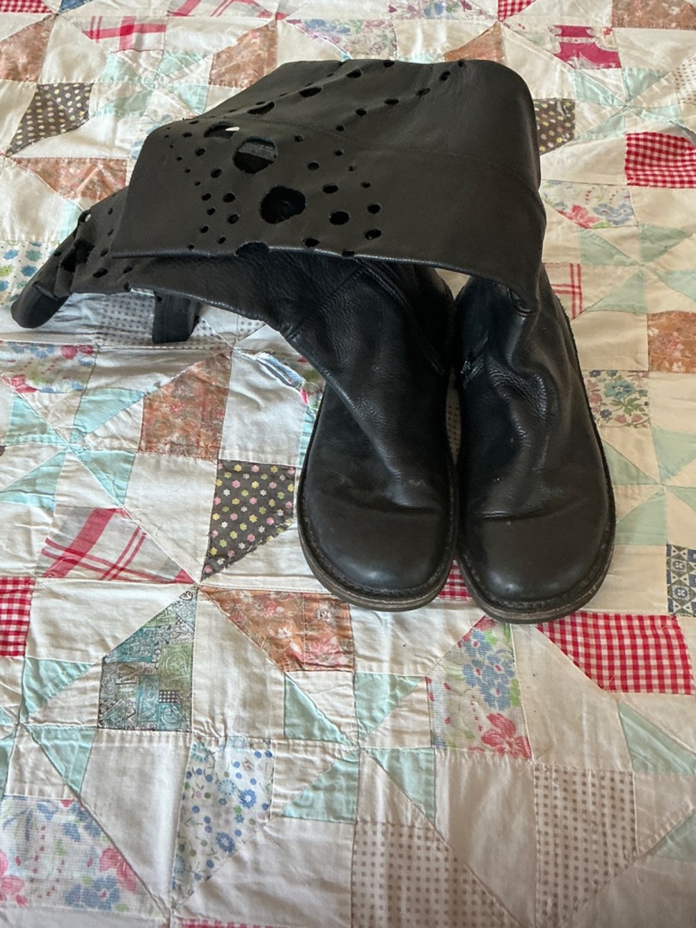 Trippen Women's Black Leather Combat Boots with Perforated Shaft